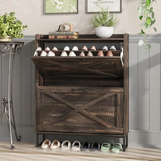 Shoe Rack Cabinet: Narrow Freestanding 2-Drawer Shoe Organizer